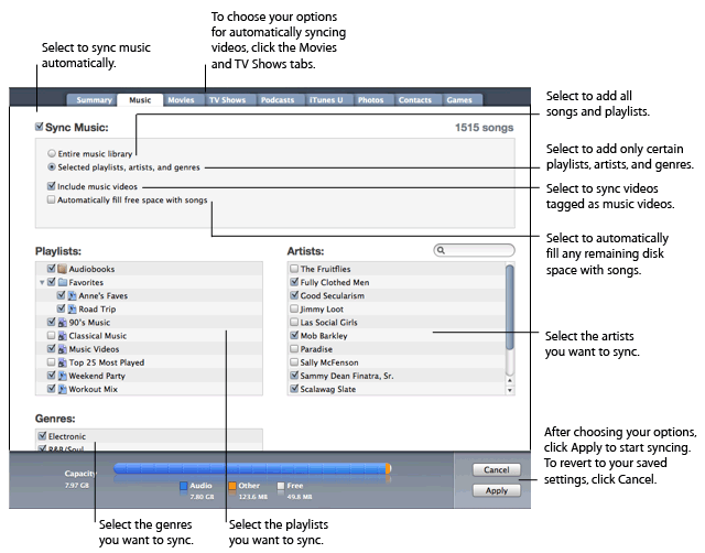 Adding music and video to iPod and iPhone iTunes musictab Adding music and video to iPod and iPhone