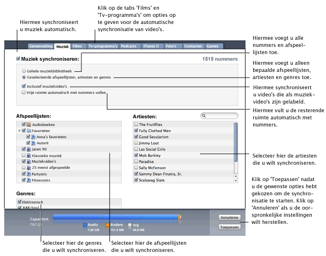 iTunes musictab Muziek en videomateriaal naar een iPod of iPhone kopiëren