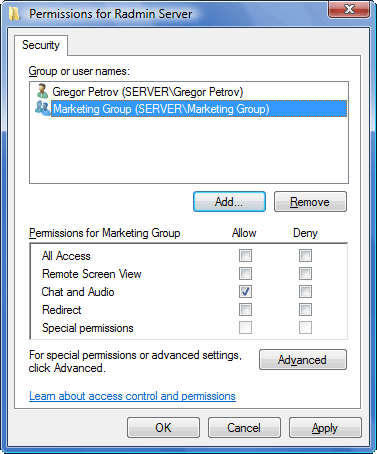 Radmin srvcfg perm Using Windows Security