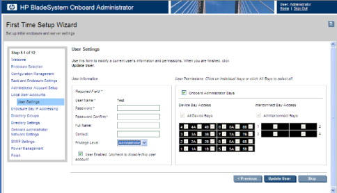 HP BladeSystem 112151 Local User Accounts screen