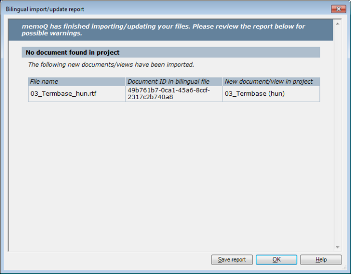 MemoQ 2colrtf newdoc report Bilingual import/update report (dialog)