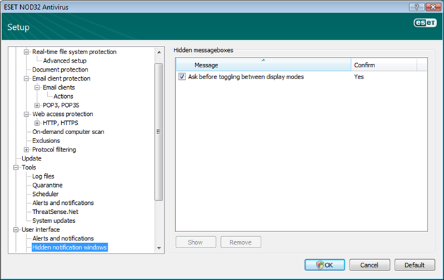 Nod32 ea config hidden message Hidden notification windows
