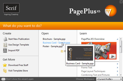 PagePlus startup wizard Startup Wizard