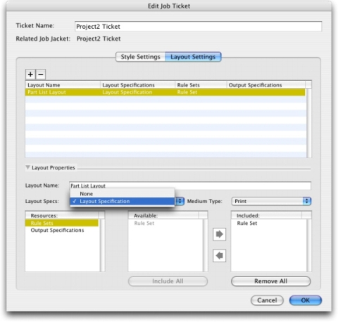 QuarkXpress db edit job ticket layout settings lay spec Applying a Layout Specification to a layout