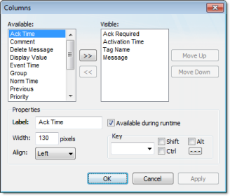 Web Studio Help dialog objectproperties alarmeventcontrol columns Alarm/Event Control object