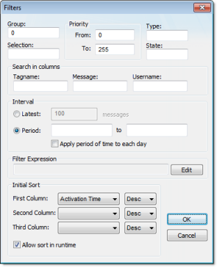 Alarm/Event Control object Web Studio Help dialog objectproperties alarmeventcontrol filters Alarm/Event Control object