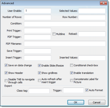 Web Studio Help dialog objectproperties grid advanced Advanced dialog