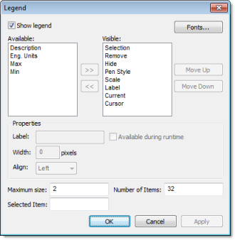 Web Studio Help dialog objectproperties trendcontrol legend Legend