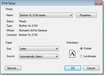 Web Studio Help dialog printsetup Print Setup