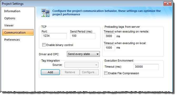 Web Studio Help dialog projectsettings communication Communication tab