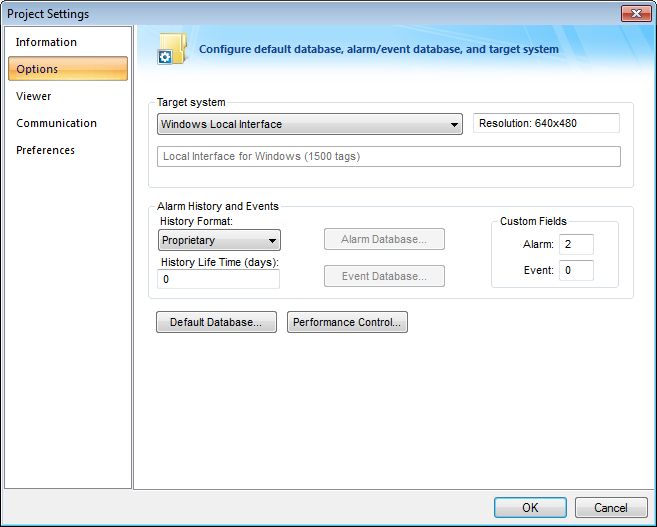 Web Studio Help dialog projectsettings options Alarm History and Events