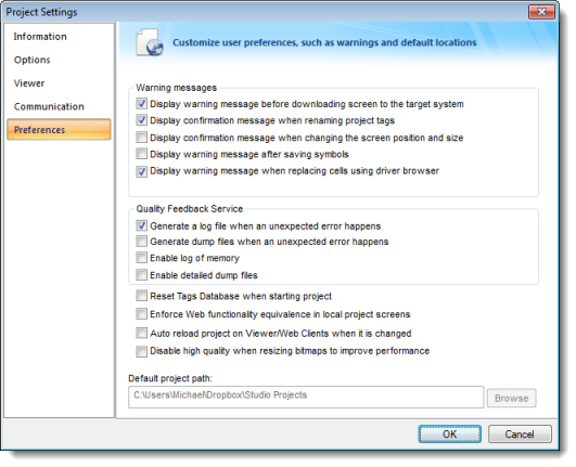 Web Studio Help dialog projectsettings preferences Preferences tab