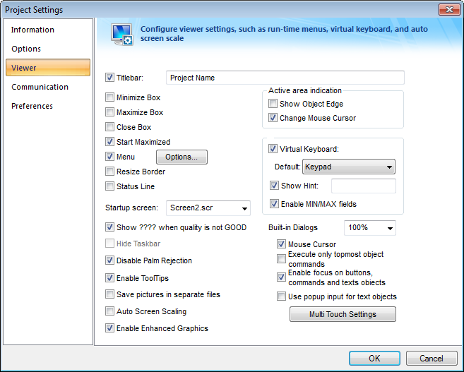 Web Studio Help dialog projectsettings viewer Configure the default Multi Touch settings for all screens