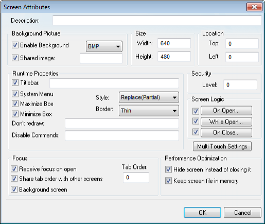 Web Studio Help dialog screenattributes Screen Attributes dialog