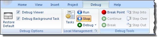 Web Studio Help ribbon debug About the Debug tab