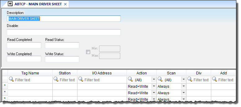 Web Studio Help worksheet comm driver main Main Driver Sheet