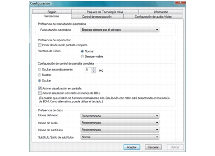 Corel WinDVD setup preferences Configuración de preferencias