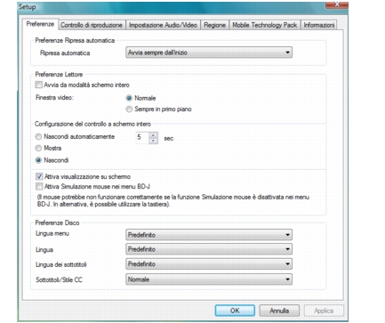 Corel WinDVD setup preferences Configurazione delle preferenze