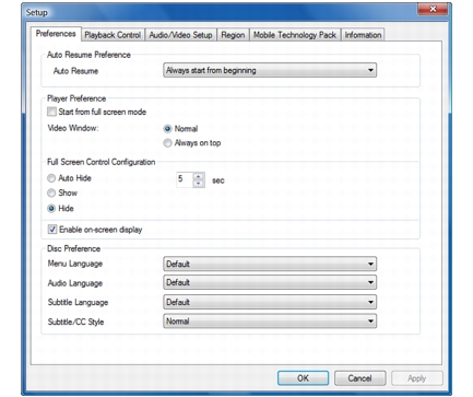 Corel WinDVD setup preferences Configuring Preferences