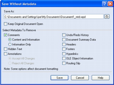 WordPerfect Office savewithoutmetadata Saving documents