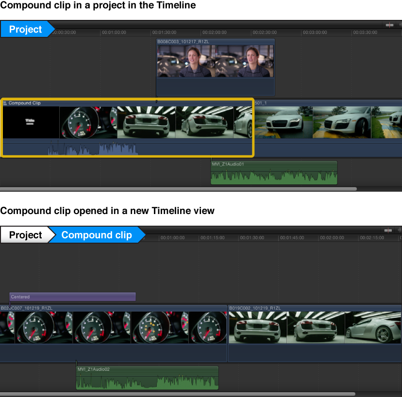 Compound clip before and after being opened in Timeline for editing