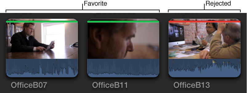Green favorite lines and red rejected lines shown at top of clips in Browser