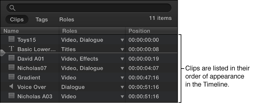Clips in Timeline Index