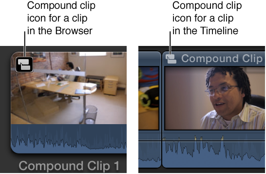 Compound clip icon shown on clip in Browser and clip in Timeline