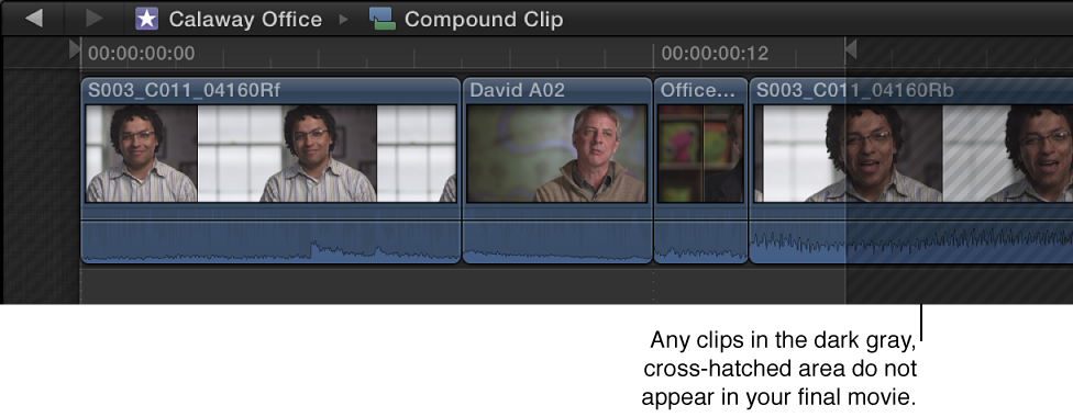 Compound clip in Timeline with cross-hatched area indicating material that doesn’t appear in final movie