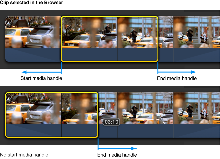Clip in Timeline with media handles on both ends and another clip with no start media handle