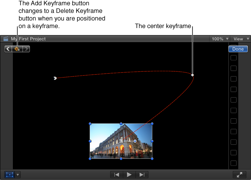 Viewer showing Transform effect, with three keyframes set and red line between keyframes indicating image path