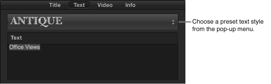 Pop-up menu in the Text inspector