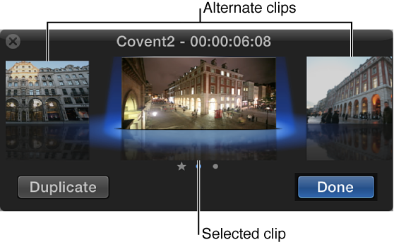 Audition window showing selected clip surrounded by alternates