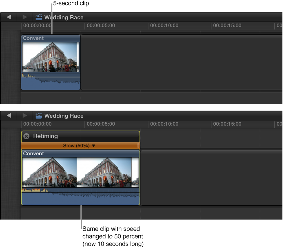 Clip in Timeline, and then same clip appearing twice as long after 50 percent speed is applied