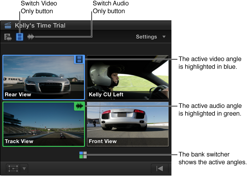 Angle Viewer showing active video angle highlighted in blue and active audio angle highlighted in green
