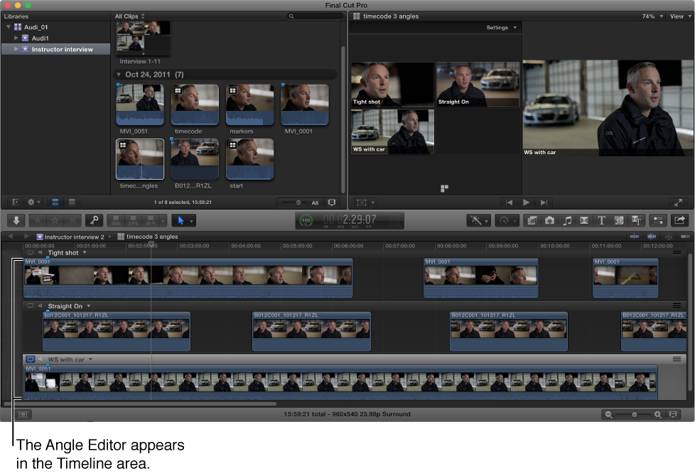 Final Cut Pro main window with Angle Editor shown in Timeline area