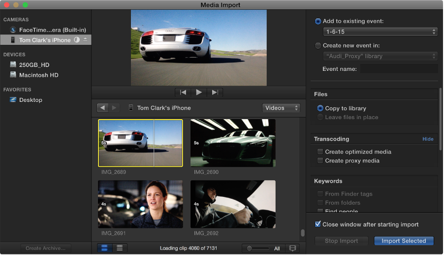 Media Import window displaying media on connected device