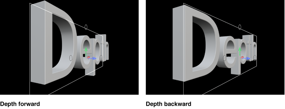 3D titles in the Viewer showing Depth Direction set to Forward and Backward