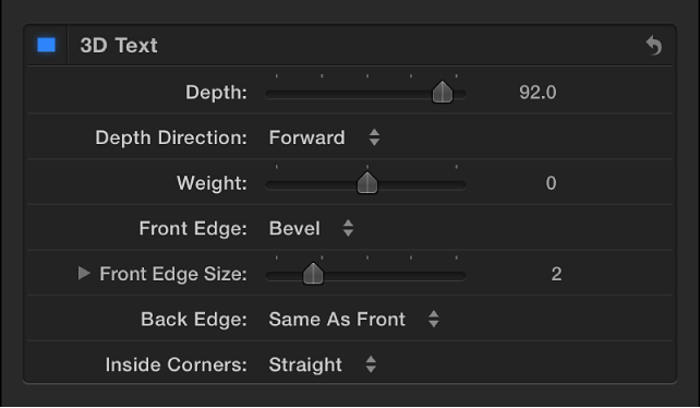 3D Text section of the Text inspector