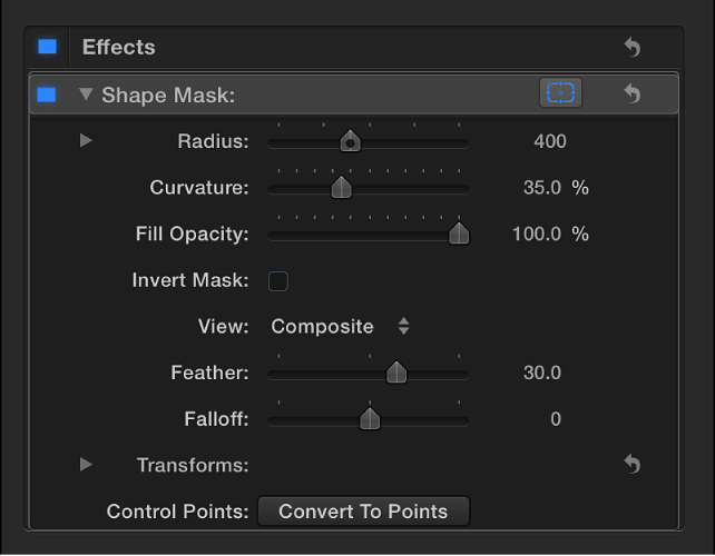 Shape Mask controls in Video inspector