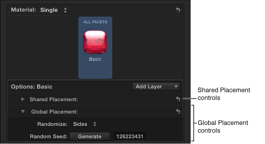 Material Options section of the Text inspector showing placement controls