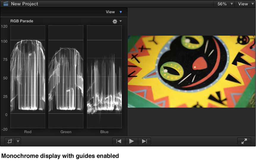 Viewer and monochrome RGB Parade Histogram with guides