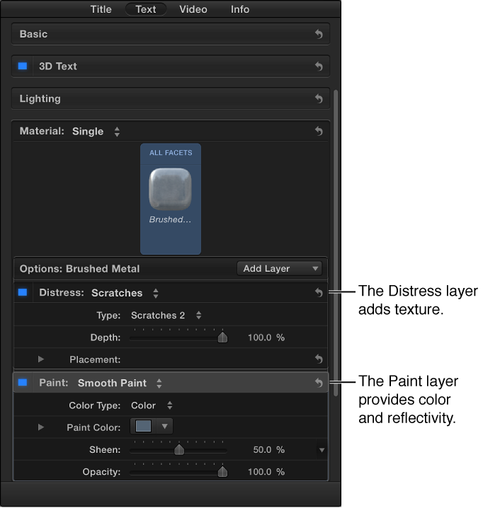 Text inspector, showing the Material section, including Distress and Paint layers