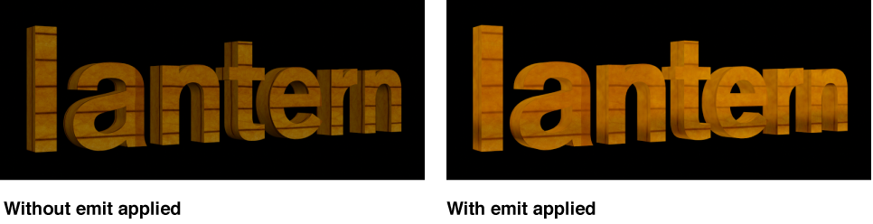 Viewer showing 3D title with emit layer and without emit layer