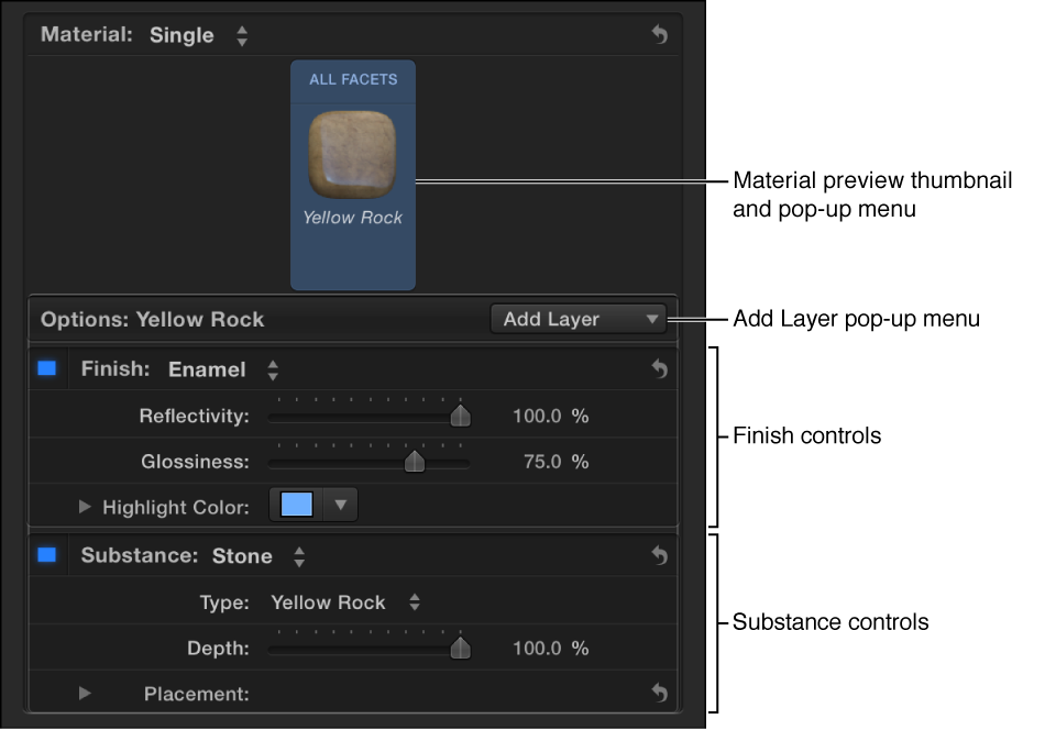 Material section of the Text inspector