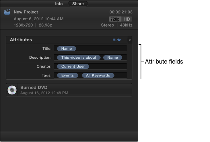 Share inspector showing attribute fields