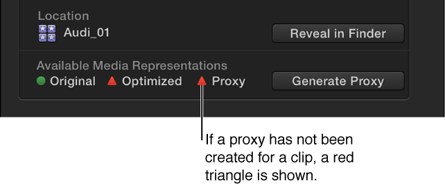 Info inspector showing red triangle indicating that no proxy file exists for selected clip