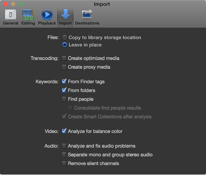 Import pane of Preferences window