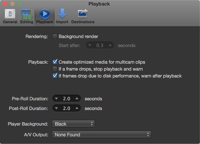 Playback pane of Preferences window