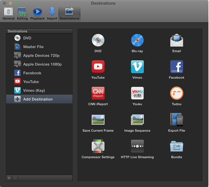 Destinations pane of Preferences window